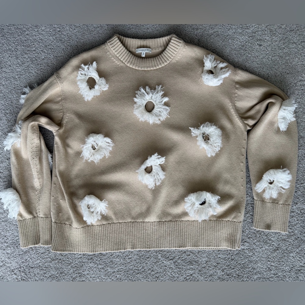 Lafayette 148 New York Feather Fringe Crochet Silk-Blend Sweater Women's Beige S - Picture 9 of 16